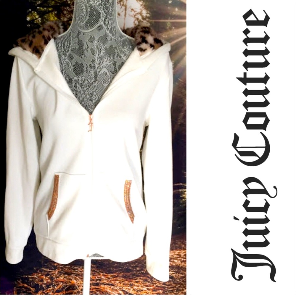 Juicy CoutureNWT Hooded Zip Up Sweatshirt. Animal Print & Fur Accents Size L.l